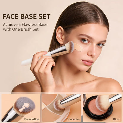 Foundation Contour Blush Conceal Brush Set, 3PCS Angled Synthetic Kabuki Brush for Blending Setting Buffing with Liquid, Cream and Powder Cosmetic (White)